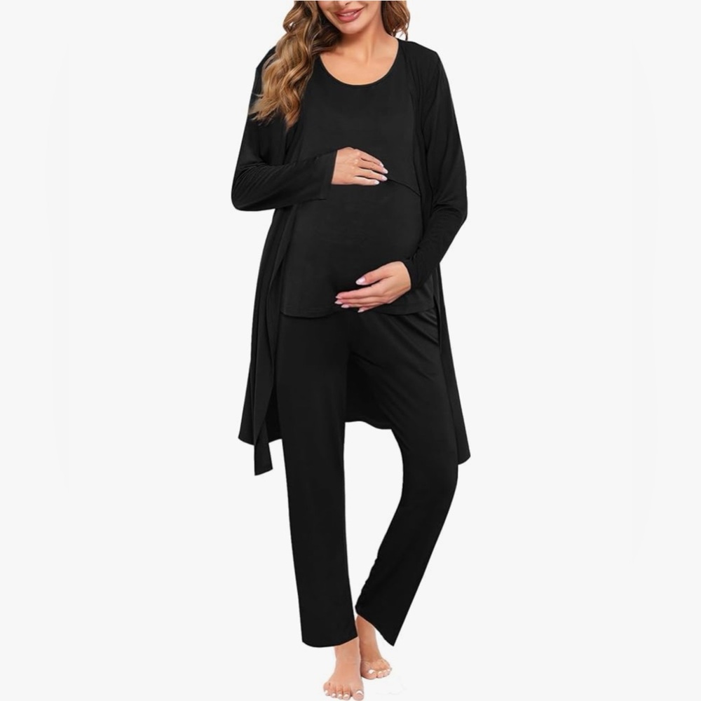 Amazon Women's Black Maternity Pajama Set with Long Cardigan
